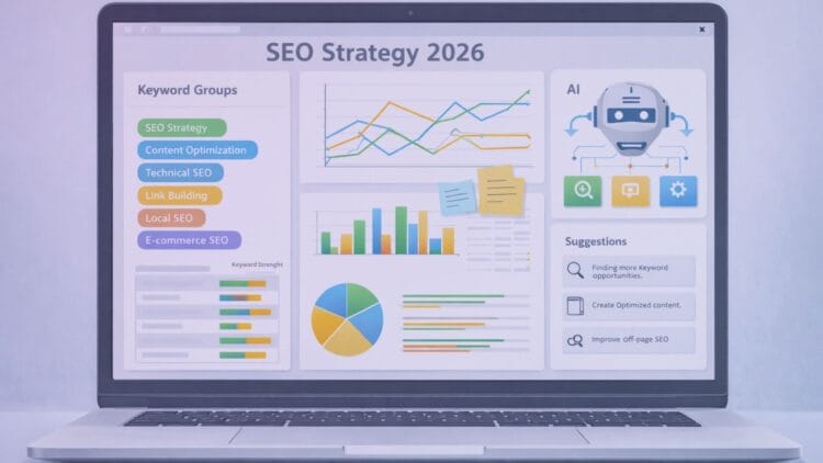 Complete SEO strategy 2026 planning board on a modern desk