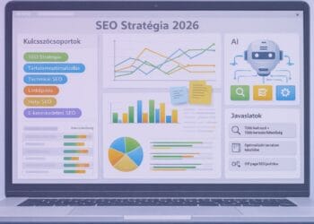 Komplex SEO stratégia 2026 tervezési folyamata egy laptop képernyőjén