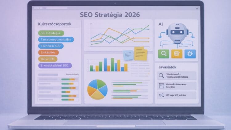 Lánykérés az Empire State Buildingen Komplex SEO stratégia 2026 tervezési folyamata egy laptop képernyőjén